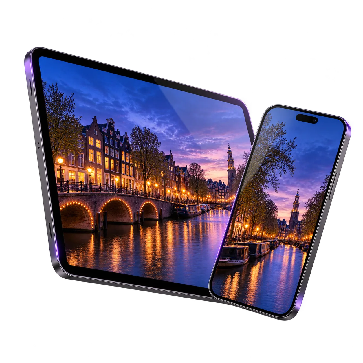 Telefoon en tablet met Amsterdamse gracht — sfeerbeeld bij iptv abonnement