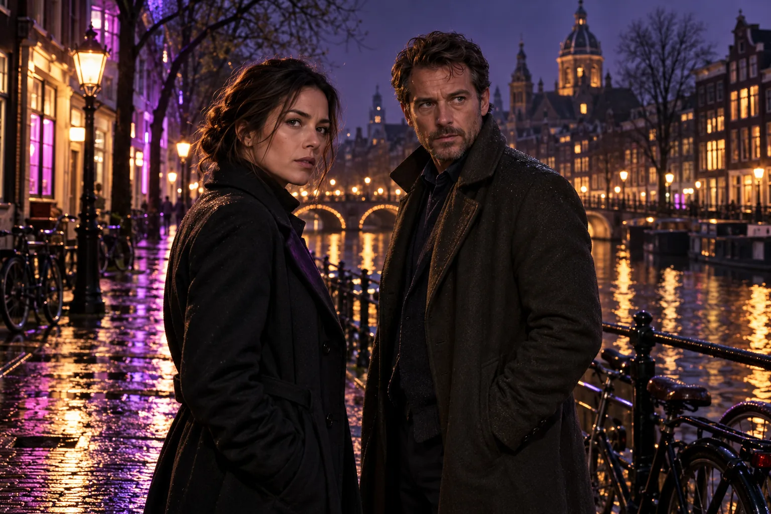 Twee detectives aan een verlichte Amsterdamse gracht — sfeerbeeld bij iptv abonnement
