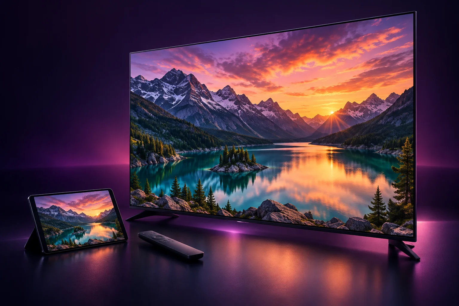 IPTV abonnement op televisie en tablet met een bergmeer in beeld